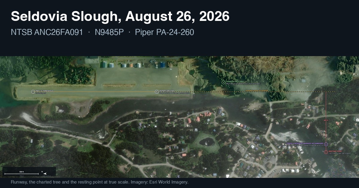 Satellite view of Seldovia Airport showing the runway, the charted tree off the south end and the resting point of N9485P in Seldovia Slough.